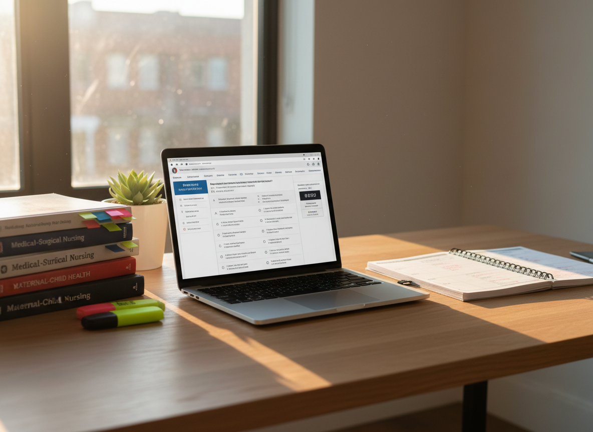 A neatly organized NCLEX study desk featuring a sleek silver laptop displaying a detailed practice question interface, surrounded by color-coded nursing textbooks with visible tabs, highlighters, and a spiral-bound study planner open to a weekly schedule. The desk is a light oak surface near a large window, with a small green plant adding a touch of calm. Soft morning sunlight streams in, casting gentle, natural shadows across the materials. Photographic realism, eye-level composition with slight depth of field, keeping the laptop and planner in crisp focus while the background softly blurs. The mood is professional, focused, and reassuring, conveying structured, confident exam preparation in a clean and modern environment.